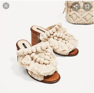 ZARA pompom tassle block heel mules